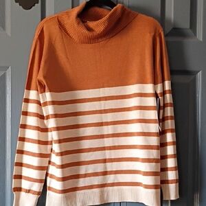 Cozy Casual Orange and Cream Striped Turtleneck Sweater